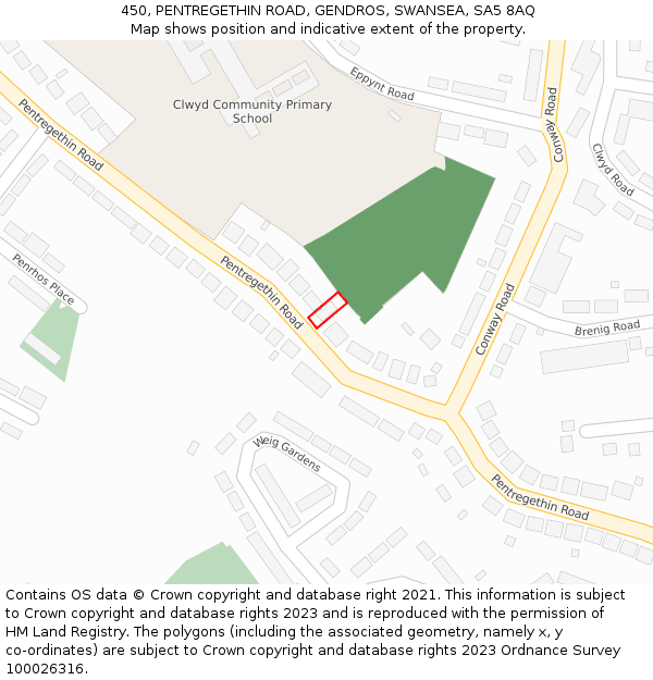 450, PENTREGETHIN ROAD, GENDROS, SWANSEA, SA5 8AQ: Location map and indicative extent of plot