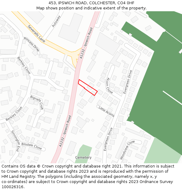 453, IPSWICH ROAD, COLCHESTER, CO4 0HF: Location map and indicative extent of plot