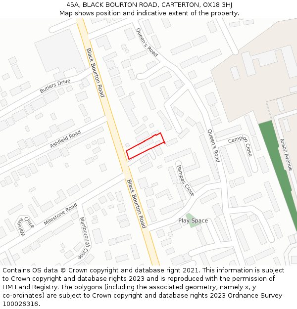 45A, BLACK BOURTON ROAD, CARTERTON, OX18 3HJ: Location map and indicative extent of plot