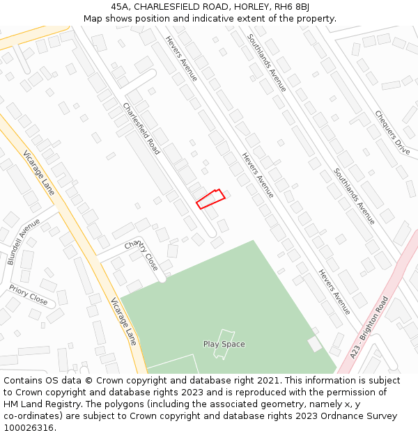 45A, CHARLESFIELD ROAD, HORLEY, RH6 8BJ: Location map and indicative extent of plot