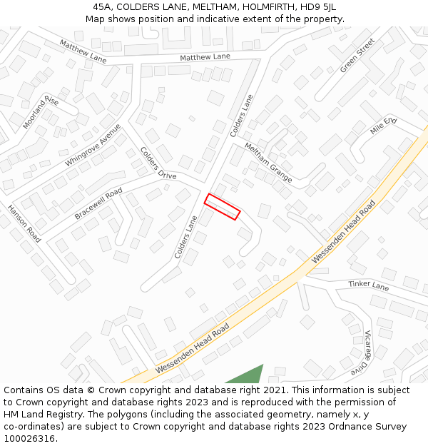 45A, COLDERS LANE, MELTHAM, HOLMFIRTH, HD9 5JL: Location map and indicative extent of plot