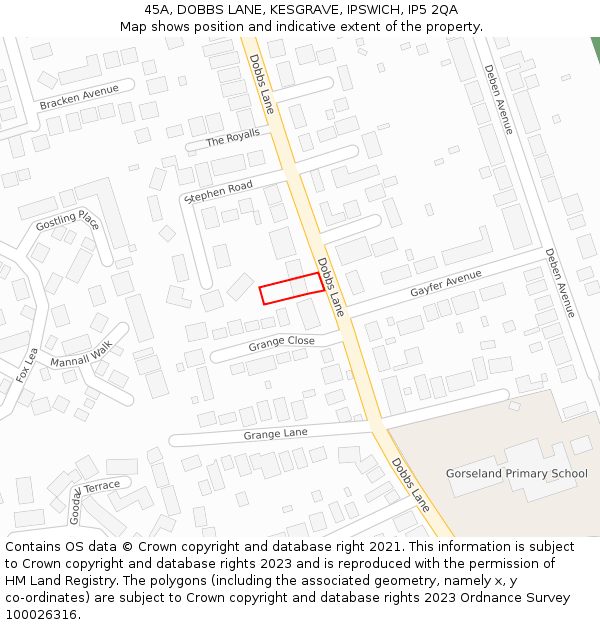 45A, DOBBS LANE, KESGRAVE, IPSWICH, IP5 2QA: Location map and indicative extent of plot