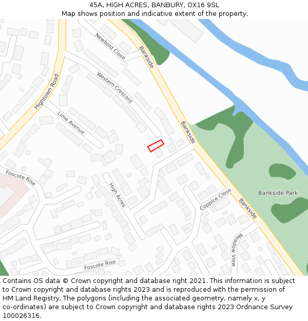 45A, HIGH ACRES, BANBURY, OX16 9SL: Location map and indicative extent of plot