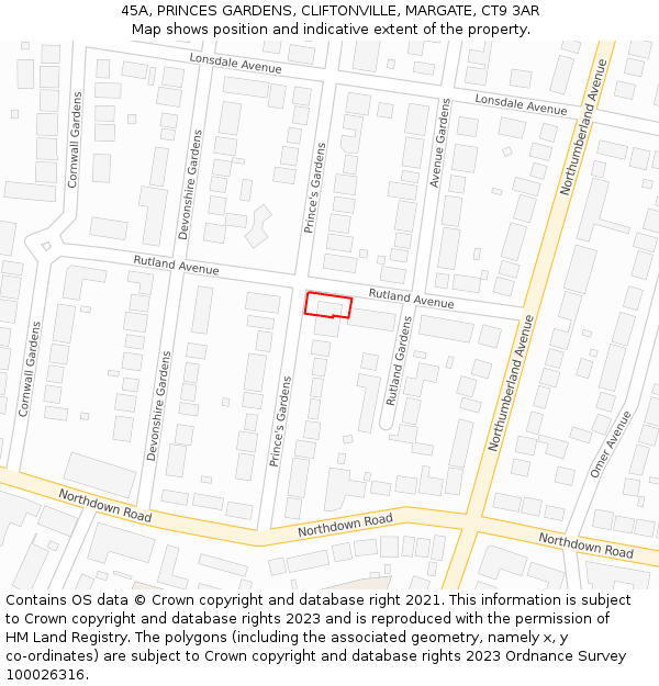 45A, PRINCES GARDENS, CLIFTONVILLE, MARGATE, CT9 3AR: Location map and indicative extent of plot