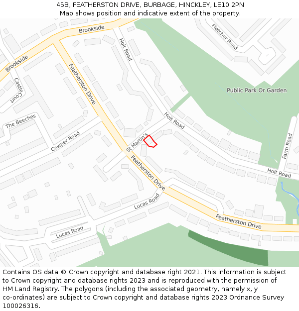45B, FEATHERSTON DRIVE, BURBAGE, HINCKLEY, LE10 2PN: Location map and indicative extent of plot