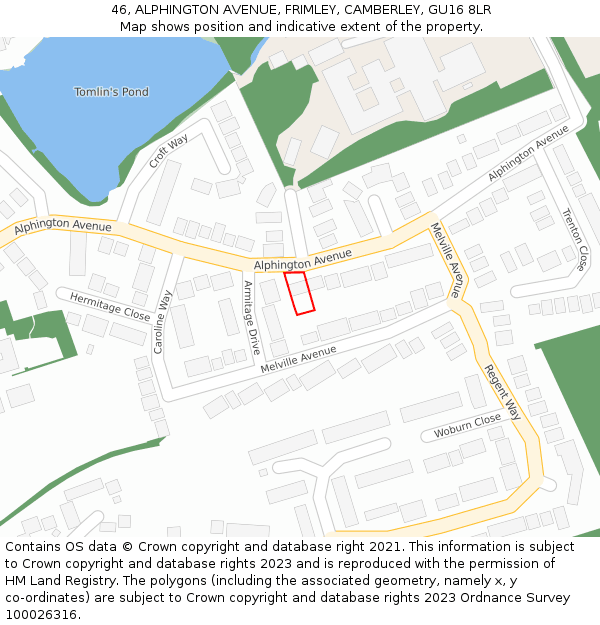 46, ALPHINGTON AVENUE, FRIMLEY, CAMBERLEY, GU16 8LR: Location map and indicative extent of plot