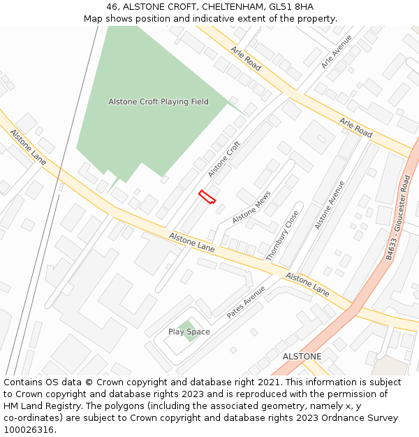 46, ALSTONE CROFT, CHELTENHAM, GL51 8HA: Location map and indicative extent of plot