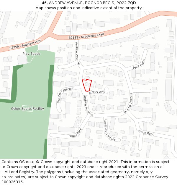 46, ANDREW AVENUE, BOGNOR REGIS, PO22 7QD: Location map and indicative extent of plot