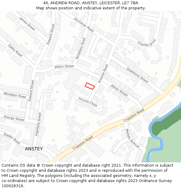 46, ANDREW ROAD, ANSTEY, LEICESTER, LE7 7BA: Location map and indicative extent of plot