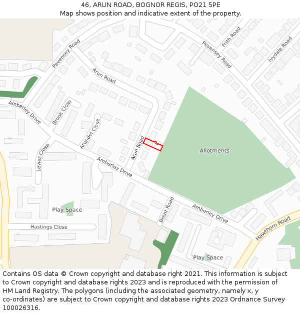 46, ARUN ROAD, BOGNOR REGIS, PO21 5PE: Location map and indicative extent of plot