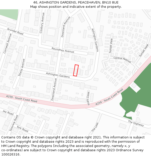 46, ASHINGTON GARDENS, PEACEHAVEN, BN10 8UE: Location map and indicative extent of plot