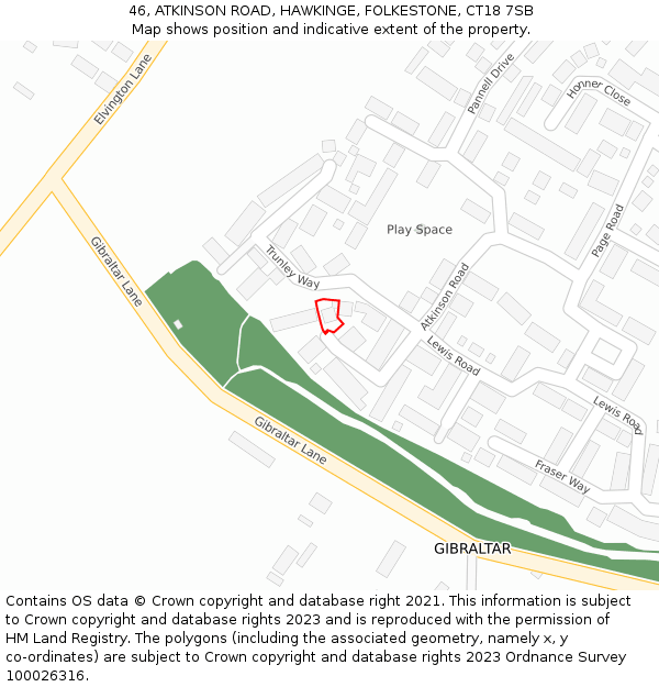 46, ATKINSON ROAD, HAWKINGE, FOLKESTONE, CT18 7SB: Location map and indicative extent of plot