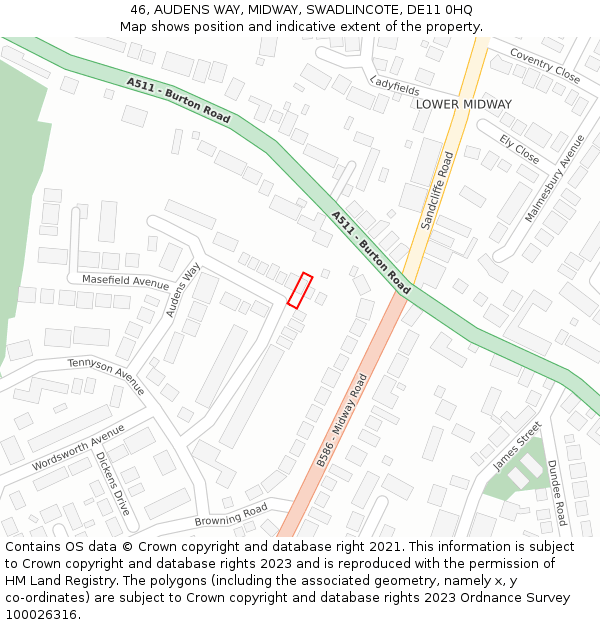 46, AUDENS WAY, MIDWAY, SWADLINCOTE, DE11 0HQ: Location map and indicative extent of plot