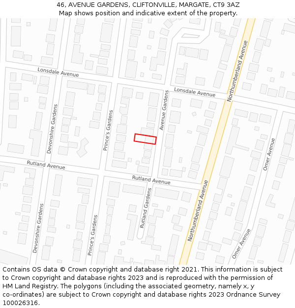 46, AVENUE GARDENS, CLIFTONVILLE, MARGATE, CT9 3AZ: Location map and indicative extent of plot