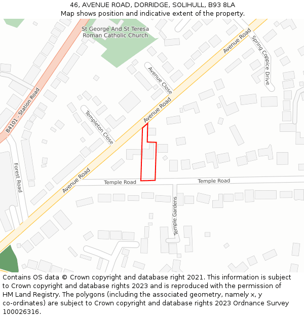 46, AVENUE ROAD, DORRIDGE, SOLIHULL, B93 8LA: Location map and indicative extent of plot