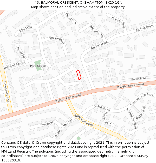 46, BALMORAL CRESCENT, OKEHAMPTON, EX20 1GN: Location map and indicative extent of plot