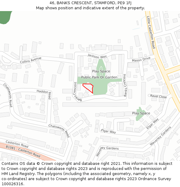 46, BANKS CRESCENT, STAMFORD, PE9 1FJ: Location map and indicative extent of plot