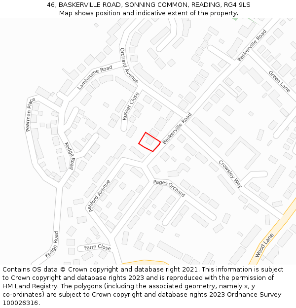 46, BASKERVILLE ROAD, SONNING COMMON, READING, RG4 9LS: Location map and indicative extent of plot