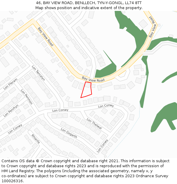 46, BAY VIEW ROAD, BENLLECH, TYN-Y-GONGL, LL74 8TT: Location map and indicative extent of plot