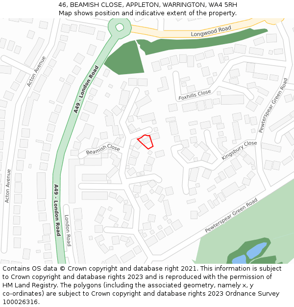 46, BEAMISH CLOSE, APPLETON, WARRINGTON, WA4 5RH: Location map and indicative extent of plot