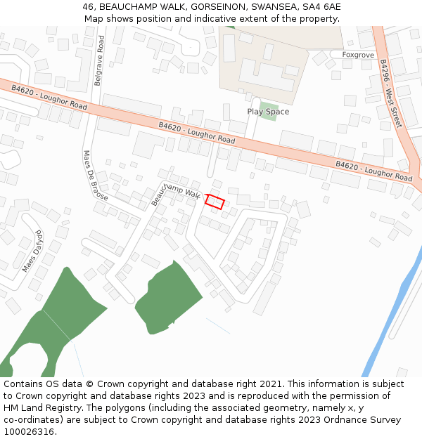 46, BEAUCHAMP WALK, GORSEINON, SWANSEA, SA4 6AE: Location map and indicative extent of plot