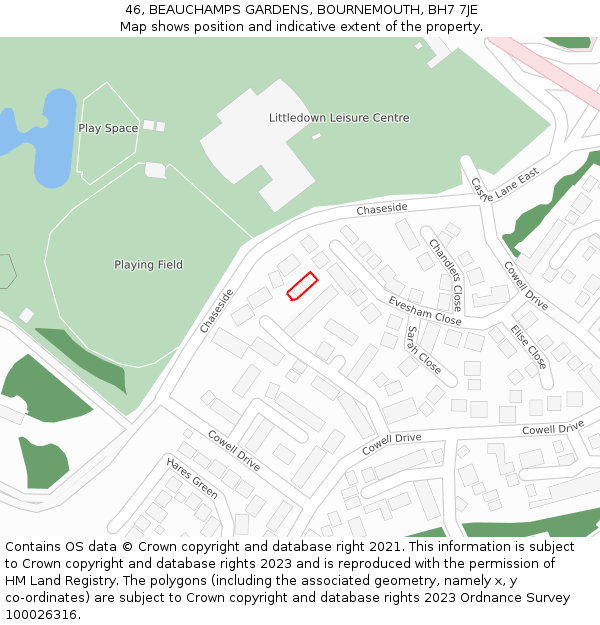 46, BEAUCHAMPS GARDENS, BOURNEMOUTH, BH7 7JE: Location map and indicative extent of plot