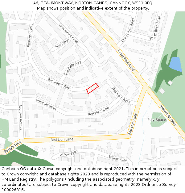 46, BEAUMONT WAY, NORTON CANES, CANNOCK, WS11 9FQ: Location map and indicative extent of plot