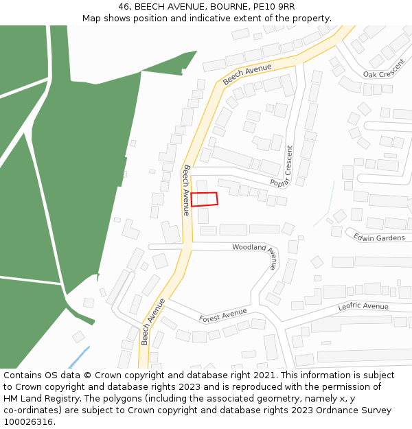 46, BEECH AVENUE, BOURNE, PE10 9RR: Location map and indicative extent of plot