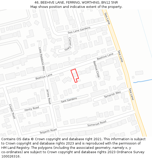 46, BEEHIVE LANE, FERRING, WORTHING, BN12 5NR: Location map and indicative extent of plot