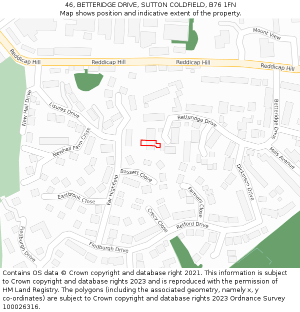 46, BETTERIDGE DRIVE, SUTTON COLDFIELD, B76 1FN: Location map and indicative extent of plot