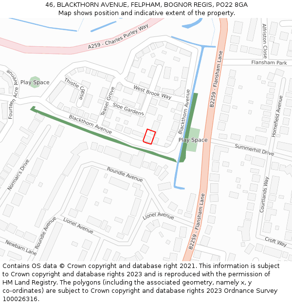 46, BLACKTHORN AVENUE, FELPHAM, BOGNOR REGIS, PO22 8GA: Location map and indicative extent of plot