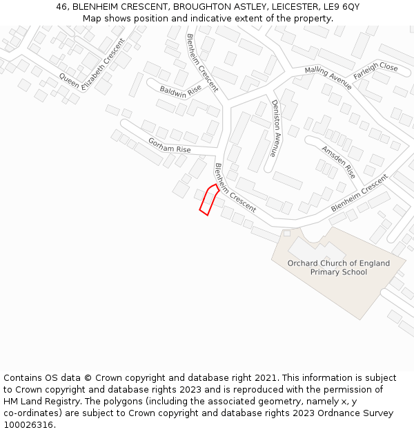 46, BLENHEIM CRESCENT, BROUGHTON ASTLEY, LEICESTER, LE9 6QY: Location map and indicative extent of plot