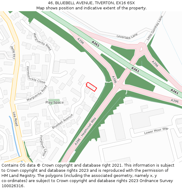 46, BLUEBELL AVENUE, TIVERTON, EX16 6SX: Location map and indicative extent of plot