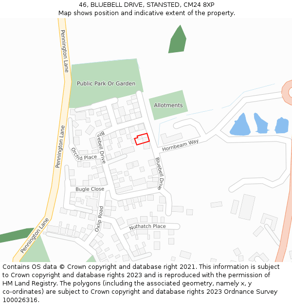 46, BLUEBELL DRIVE, STANSTED, CM24 8XP: Location map and indicative extent of plot