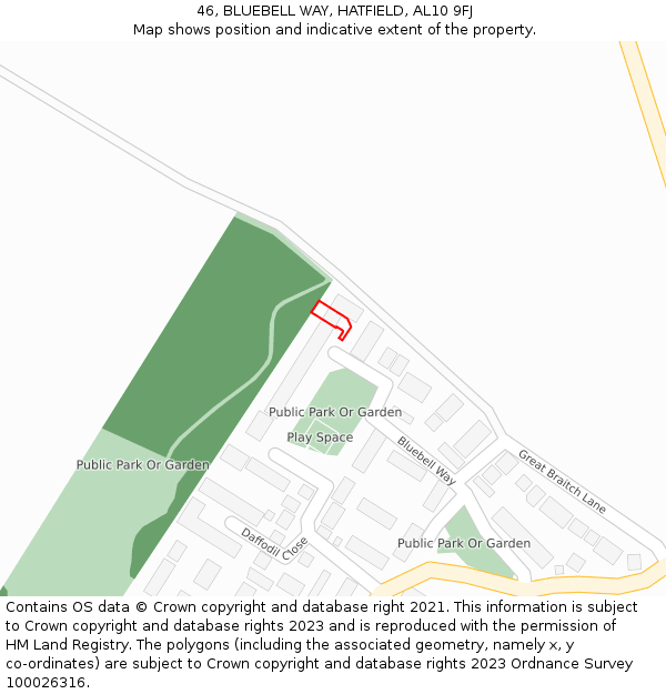 46, BLUEBELL WAY, HATFIELD, AL10 9FJ: Location map and indicative extent of plot