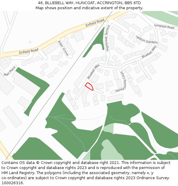 46, BLUEBELL WAY, HUNCOAT, ACCRINGTON, BB5 6TD: Location map and indicative extent of plot