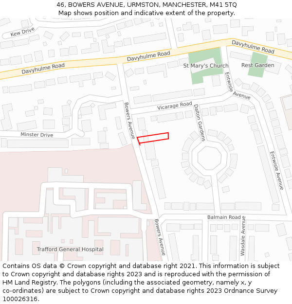 46, BOWERS AVENUE, URMSTON, MANCHESTER, M41 5TQ: Location map and indicative extent of plot