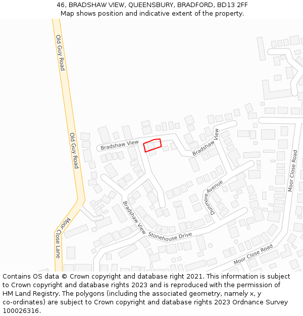 46, BRADSHAW VIEW, QUEENSBURY, BRADFORD, BD13 2FF: Location map and indicative extent of plot