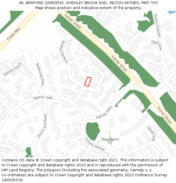 46, BRAFORD GARDENS, SHENLEY BROOK END, MILTON KEYNES, MK5 7HY: Location map and indicative extent of plot