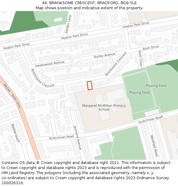 46, BRANKSOME CRESCENT, BRADFORD, BD9 5LE: Location map and indicative extent of plot