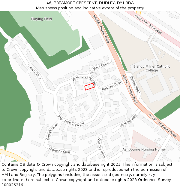 46, BREAMORE CRESCENT, DUDLEY, DY1 3DA: Location map and indicative extent of plot