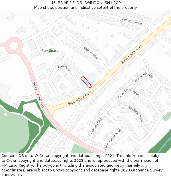 46, BRIAR FIELDS, SWINDON, SN1 2QP: Location map and indicative extent of plot