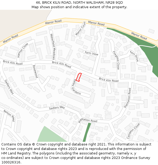 46, BRICK KILN ROAD, NORTH WALSHAM, NR28 9QD: Location map and indicative extent of plot