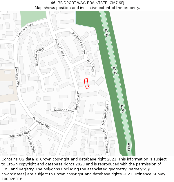 46, BRIDPORT WAY, BRAINTREE, CM7 9FJ: Location map and indicative extent of plot