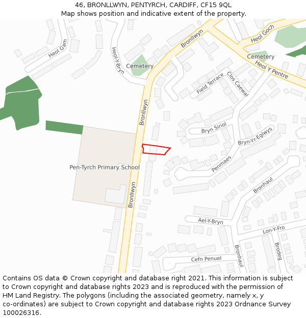 46, BRONLLWYN, PENTYRCH, CARDIFF, CF15 9QL: Location map and indicative extent of plot