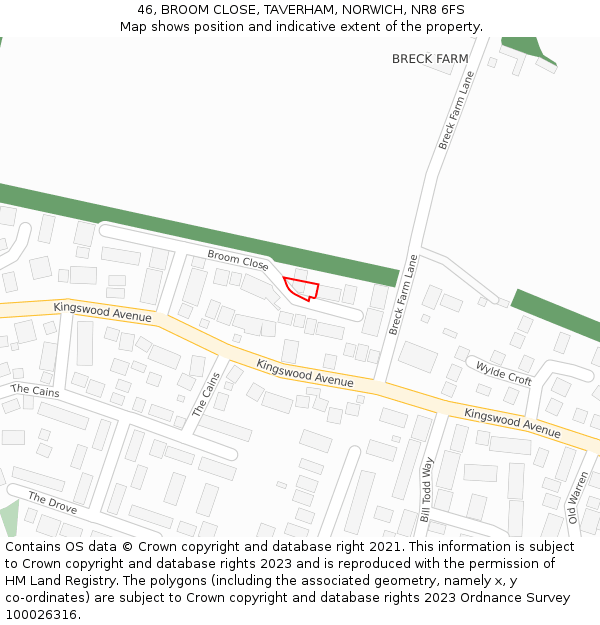 46, BROOM CLOSE, TAVERHAM, NORWICH, NR8 6FS: Location map and indicative extent of plot