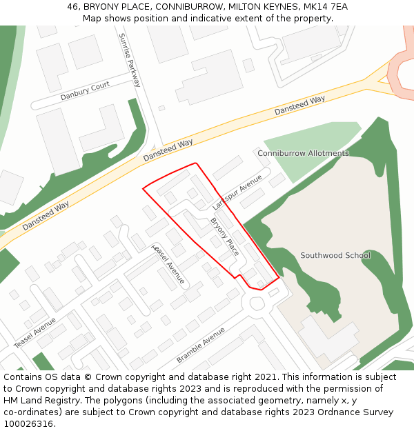 46, BRYONY PLACE, CONNIBURROW, MILTON KEYNES, MK14 7EA: Location map and indicative extent of plot