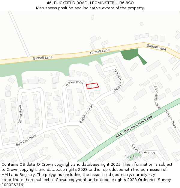 46, BUCKFIELD ROAD, LEOMINSTER, HR6 8SQ: Location map and indicative extent of plot