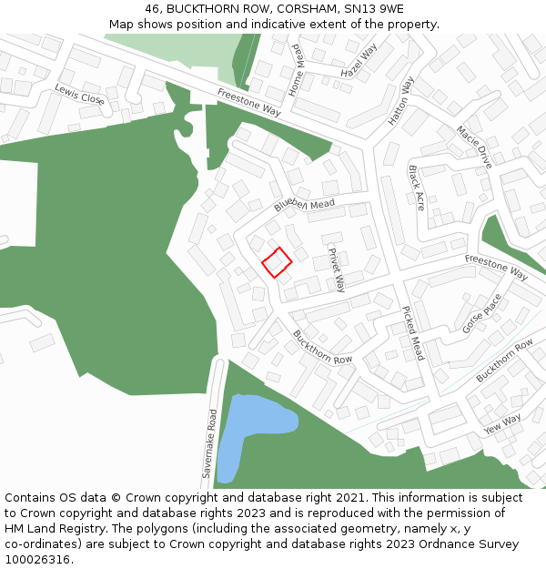 46, BUCKTHORN ROW, CORSHAM, SN13 9WE: Location map and indicative extent of plot
