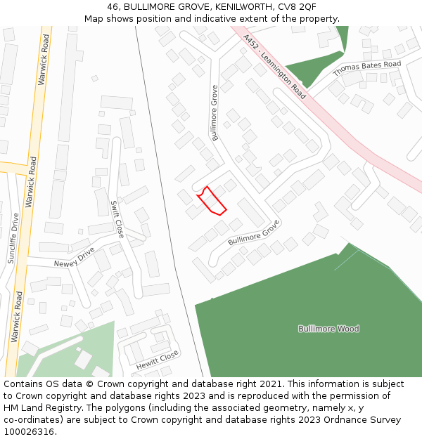 46, BULLIMORE GROVE, KENILWORTH, CV8 2QF: Location map and indicative extent of plot